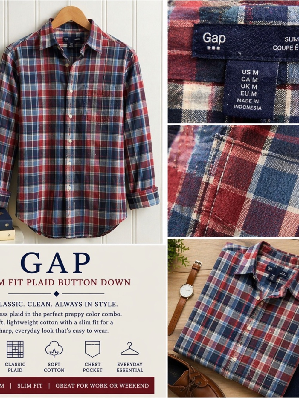Gap Slim Fit Plaid Button Down Sz M | Classic Preppy Red Blue